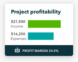 Project profitability dashboard showing income, expenses, and profit margin